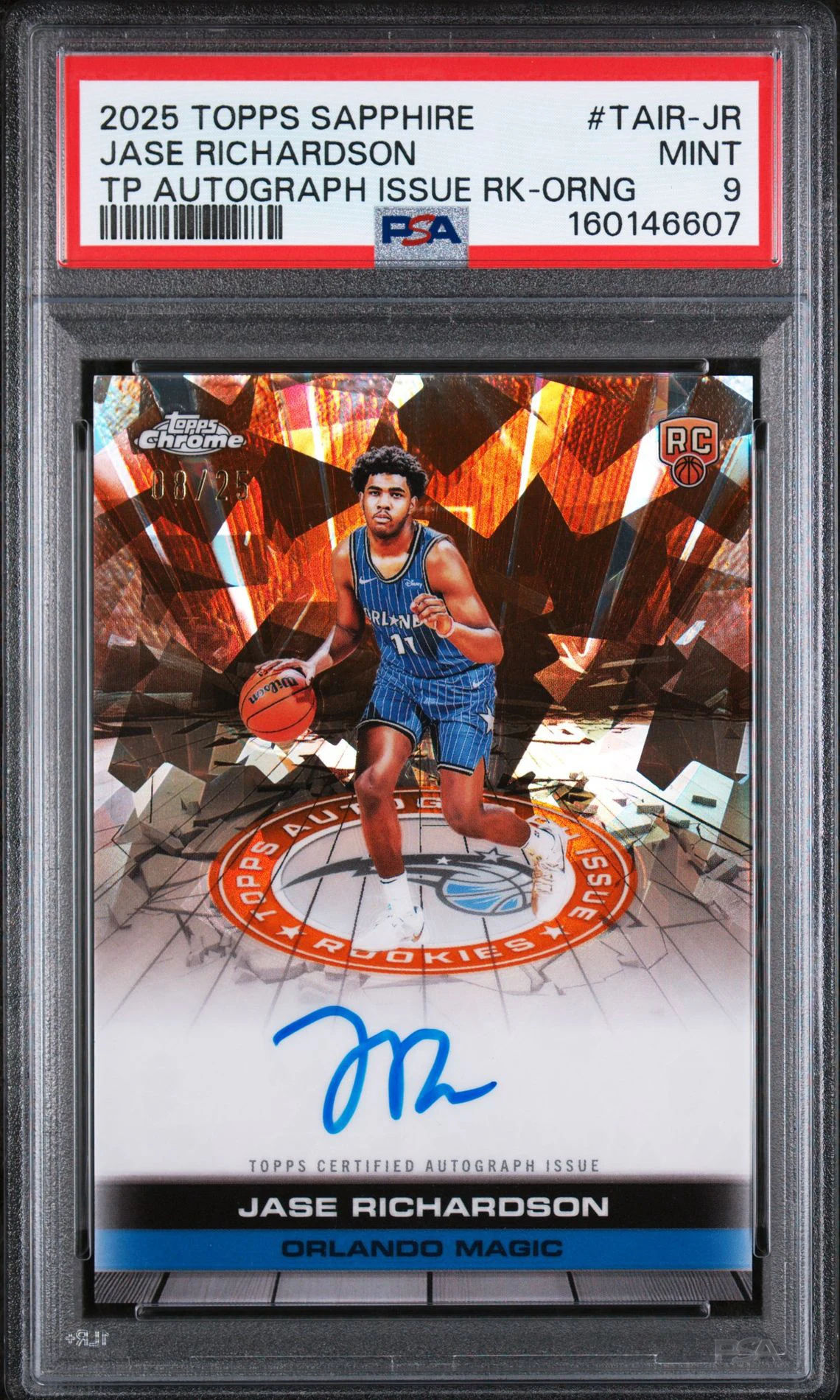 2025 Topps Sapphire Jase Richardson TP Autograph Issue Orange 08/25 PSA 9 front