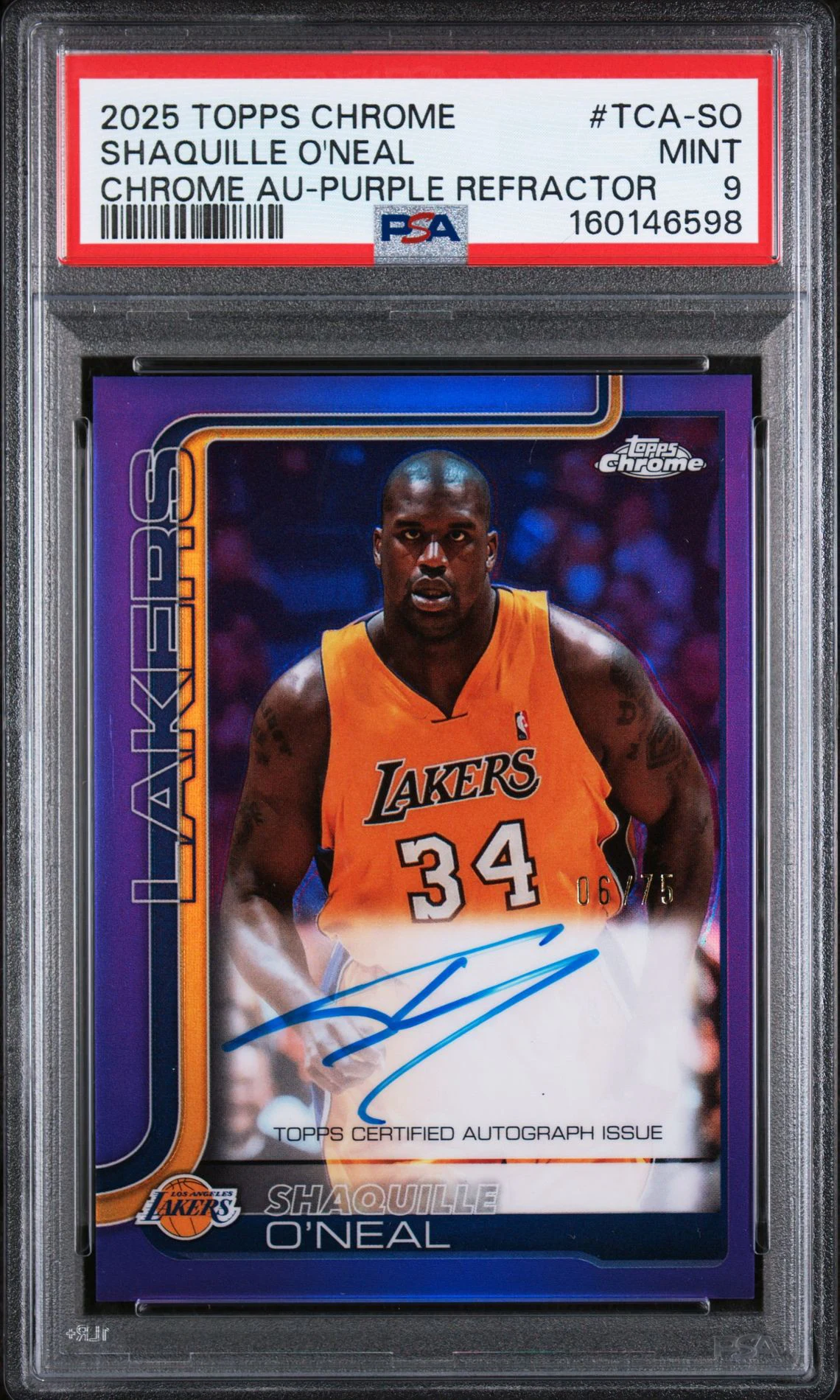 2025-26 Topps Chrome Shaquille O'Neal Chrome Autograph Purple Refractor 06/75 PSA 9 front