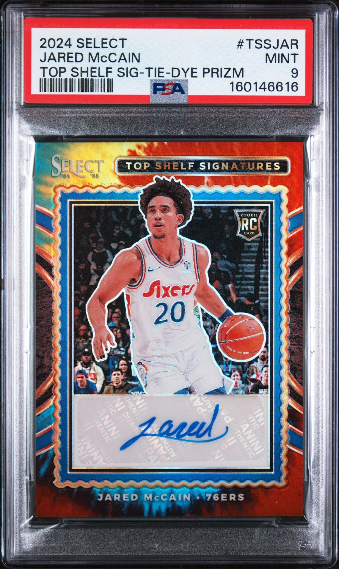 2024-25 Panini Select Jared McCain Top Shelf Signatures Tie-Dye Prizm 03/25 PSA 9 front