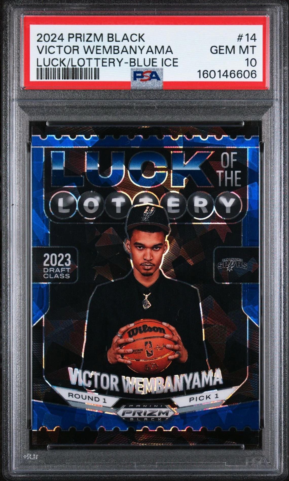 2024-25 Panini Prizm Black Victor Wembanyama Luck of the Lottery Blue Ice #14 102/125 PSA 10 front