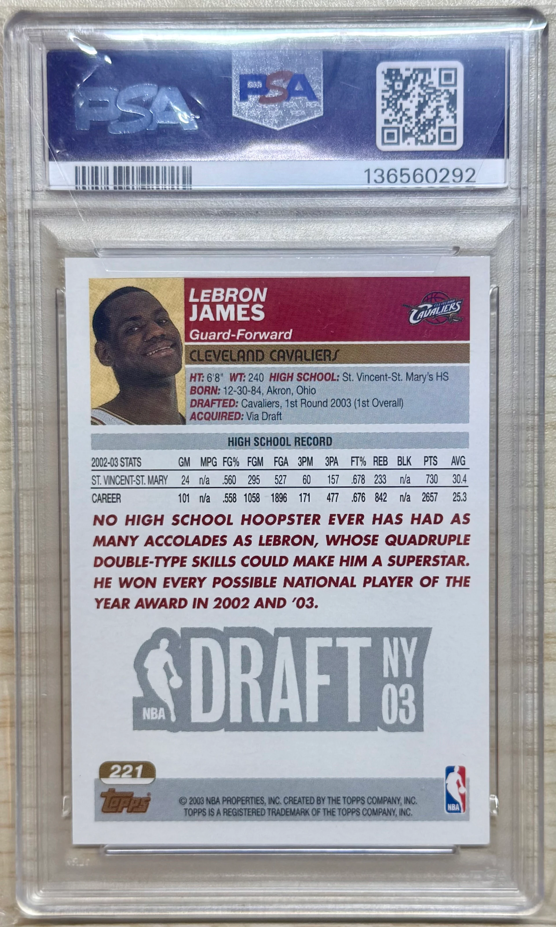 2003 Topps LeBron James #221 Rookie PSA 9 MINT back