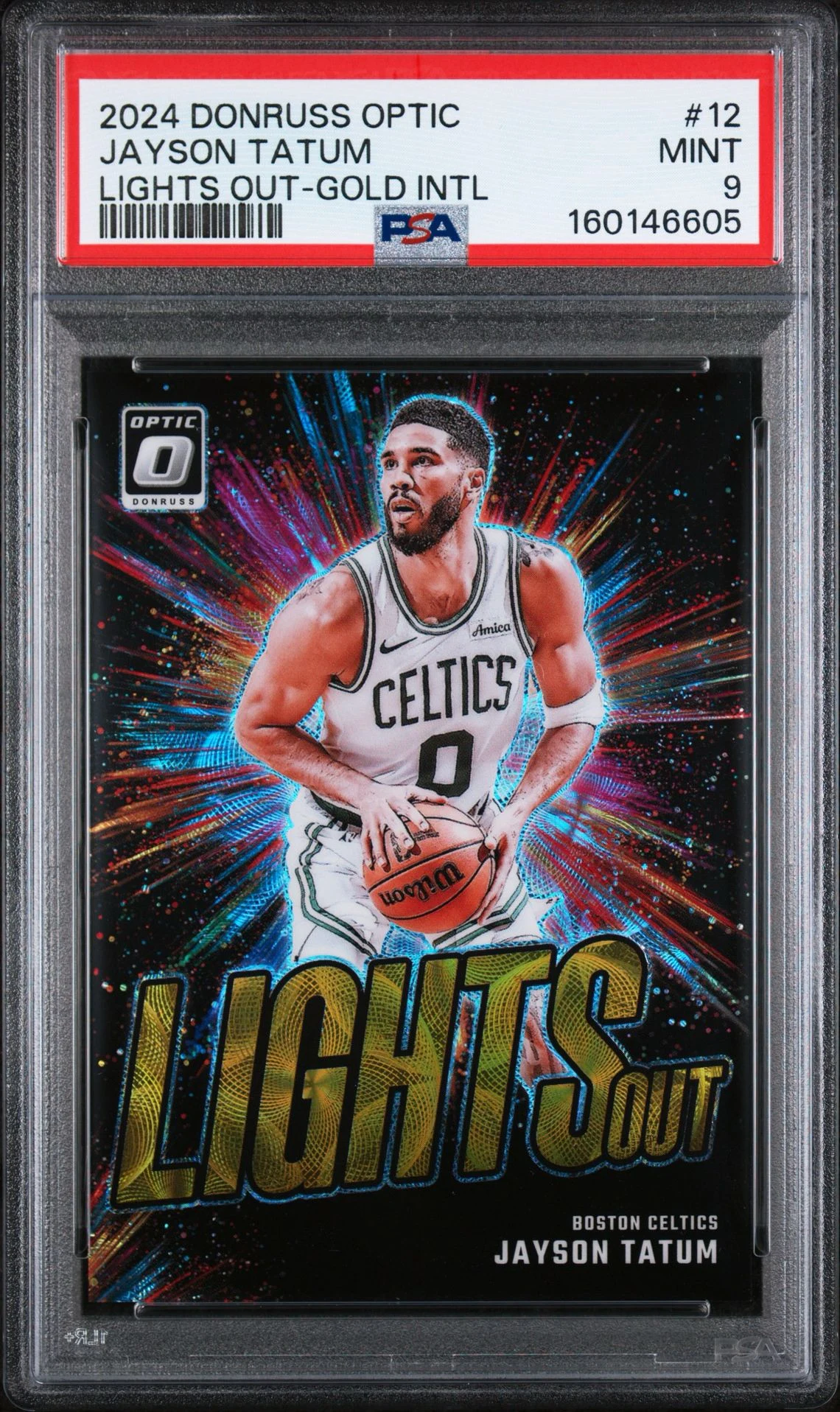 2024-25 Donruss Optic Jayson Tatum Lights Out Gold International 01/10 PSA 9 front